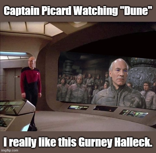 Captain Picard Watching "Dune" | Captain Picard Watching "Dune"; I really like this Gurney Halleck. | image tagged in captain picard,memes,star trek,dune | made w/ Imgflip meme maker