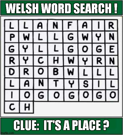 Can You Solve This ? | WELSH WORD SEARCH ! CLUE:  IT'S A PLACE ? | image tagged in welsh,word search | made w/ Imgflip meme maker