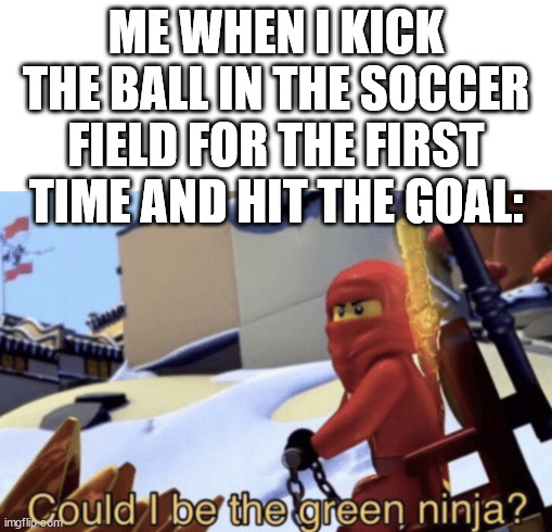 could i be the soccer ninja? | ME WHEN I KICK THE BALL IN THE SOCCER FIELD FOR THE FIRST TIME AND HIT THE GOAL: | image tagged in could i be the green ninja | made w/ Imgflip meme maker