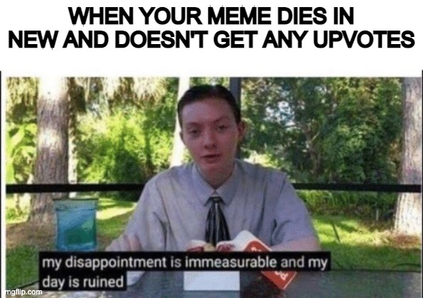 My dissapointment is immeasurable and my day is ruined | WHEN YOUR MEME DIES IN NEW AND DOESN'T GET ANY UPVOTES | image tagged in my dissapointment is immeasurable and my day is ruined | made w/ Imgflip meme maker