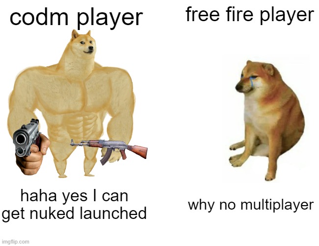 yes if you play codm youll get it.... |  codm player; free fire player; haha yes I can get nuked launched; why no multiplayer | image tagged in memes,buff doge vs cheems | made w/ Imgflip meme maker