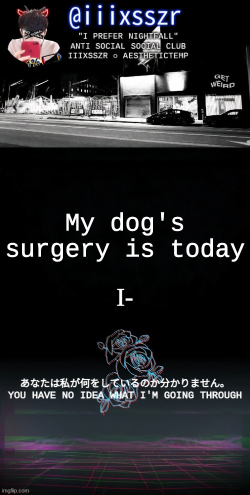 qestheticish iiixsszr | I-; My dog's surgery is today | image tagged in qestheticish iiixsszr | made w/ Imgflip meme maker