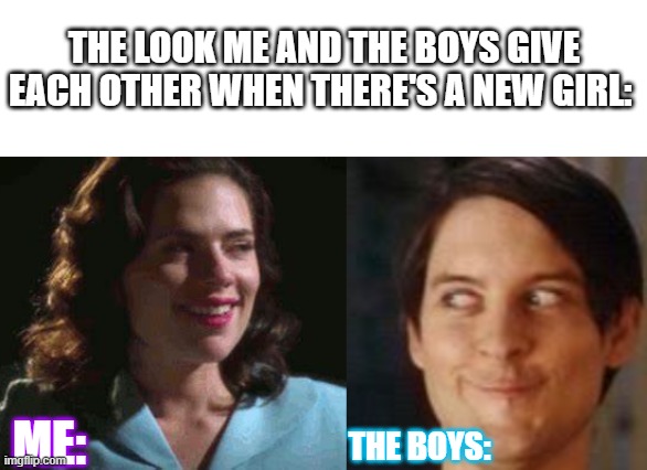 haha same pain again | THE LOOK ME AND THE BOYS GIVE EACH OTHER WHEN THERE'S A NEW GIRL:; ME:; THE BOYS: | image tagged in me and the boys,new girl,lesbian problems,toby maguire,lesbians,boys | made w/ Imgflip meme maker