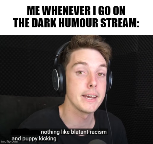 There truly is nothing like blatant racism and puppy kicking | ME WHENEVER I GO ON THE DARK HUMOUR STREAM: | image tagged in blank white template,puppy,kicking,racism,dark humor | made w/ Imgflip meme maker