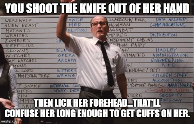 Cabin the the woods | YOU SHOOT THE KNIFE OUT OF HER HAND THEN LICK HER FOREHEAD...THAT'LL CONFUSE HER LONG ENOUGH TO GET CUFFS ON HER. | image tagged in cabin the the woods | made w/ Imgflip meme maker