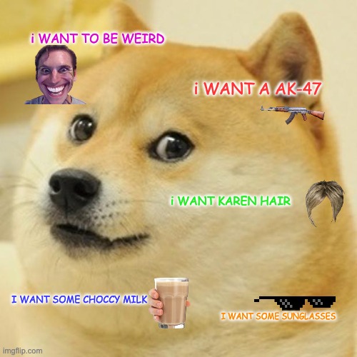 Doge | i WANT TO BE WEIRD; i WANT A AK-47; i WANT KAREN HAIR; I WANT SOME CHOCCY MILK; I WANT SOME SUNGLASSES | image tagged in memes,doge | made w/ Imgflip meme maker