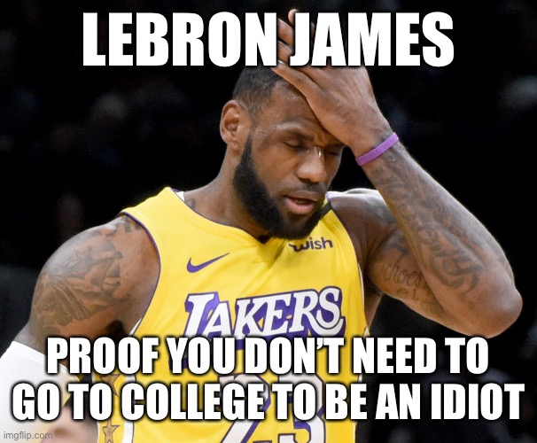 Lebron leftist idiot | LEBRON JAMES; PROOF YOU DON’T NEED TO GO TO COLLEGE TO BE AN IDIOT | image tagged in lebron james,leftist,blm,nba | made w/ Imgflip meme maker