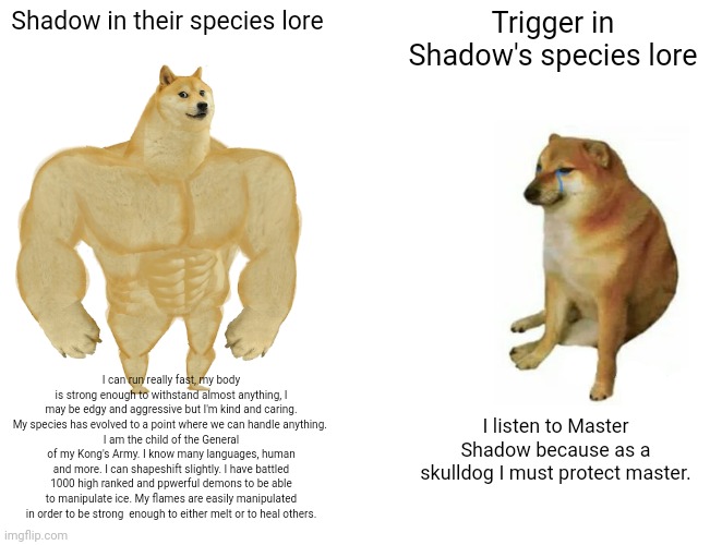 Alright sorry if the text is small but yeah here's a meme of two of my sonas. | Shadow in their species lore; Trigger in Shadow's species lore; I can run really fast, my body is strong enough to withstand almost anything, I may be edgy and aggressive but I'm kind and caring. My species has evolved to a point where we can handle anything. 
I am the child of the General of my Kong's Army. I know many languages, human and more. I can shapeshift slightly. I have battled 1000 high ranked and ppwerful demons to be able to manipulate ice. My flames are easily manipulated in order to be strong  enough to either melt or to heal others. I listen to Master Shadow because as a skulldog I must protect master. | image tagged in memes,buff doge vs cheems | made w/ Imgflip meme maker