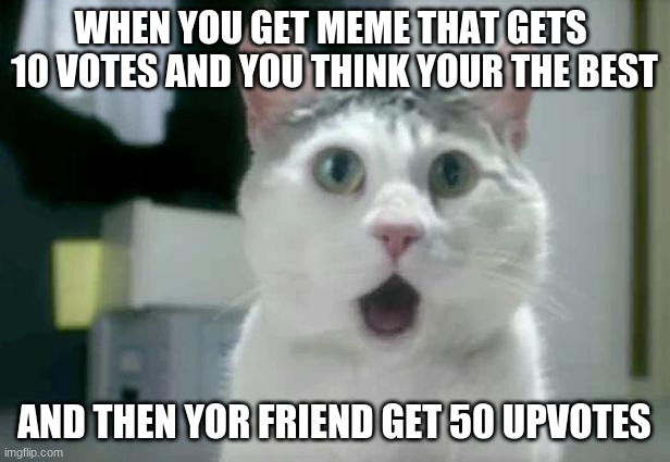 it happened to me | WHEN YOU GET MEME THAT GETS 
10 VOTES AND YOU THINK YOUR THE BEST; AND THEN YOR FRIEND GET 50 UPVOTES | image tagged in memes,omg cat | made w/ Imgflip meme maker