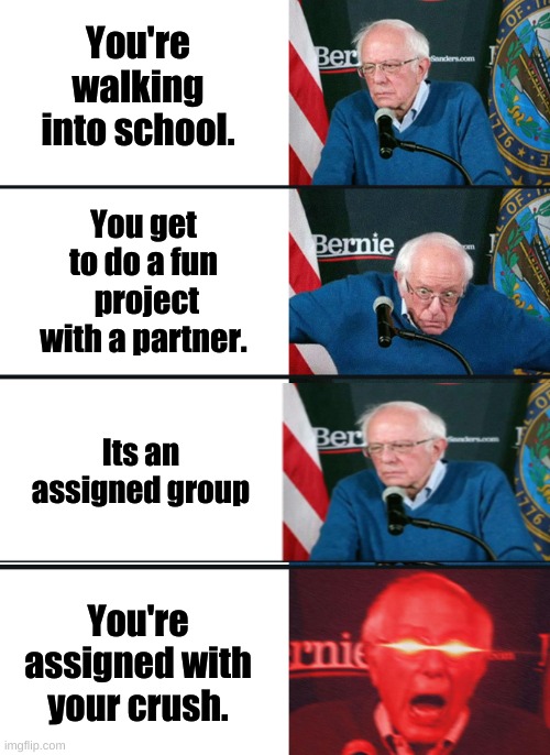 Group Projects, am I right? | You're walking into school. You get to do a fun  project with a partner. Its an assigned group; You're assigned with your crush. | image tagged in bernie sanders reaction nuked | made w/ Imgflip meme maker