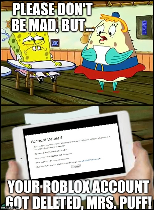 Big Fat Meanie |  PLEASE DON'T BE MAD, BUT... YOUR ROBLOX ACCOUNT GOT DELETED, MRS. PUFF! | image tagged in big fat meanie | made w/ Imgflip meme maker