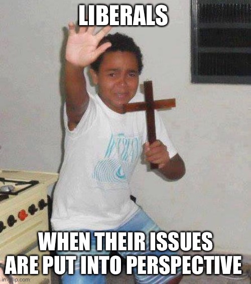 kid with cross | LIBERALS; WHEN THEIR ISSUES ARE PUT INTO PERSPECTIVE | image tagged in kid with cross | made w/ Imgflip meme maker