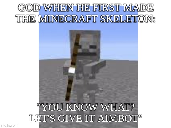 LeT'S GiVE It AimBOt | GOD WHEN HE FIRST MADE THE MINECRAFT SKELETON:; "YOU KNOW WHAT? LET'S GIVE IT AIMBOT" | image tagged in minecraft,funny,gaming,meme,skeleton,aimbot | made w/ Imgflip meme maker