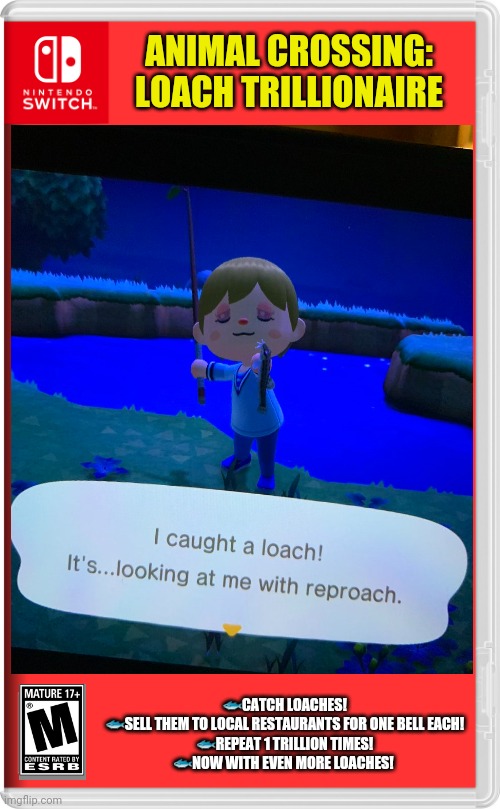 Worst new Switch game | ANIMAL CROSSING: LOACH TRILLIONAIRE; 🐟CATCH LOACHES!
🐟SELL THEM TO LOCAL RESTAURANTS FOR ONE BELL EACH!
🐟REPEAT 1 TRILLION TIMES!
🐟NOW WITH EVEN MORE LOACHES! | image tagged in nintendo switch,fake,video games,animal crossing,fishing | made w/ Imgflip meme maker