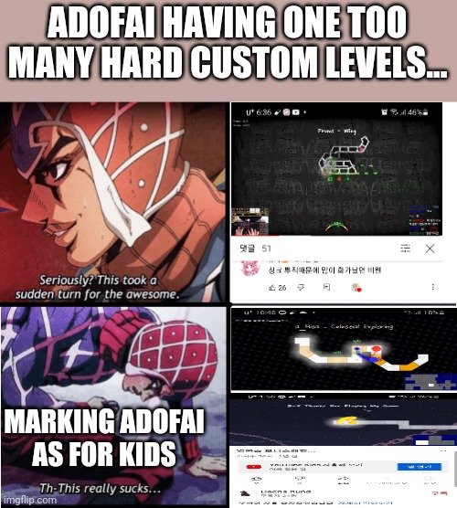 Guido Mista Jojo | ADOFAI HAVING ONE TOO MANY HARD CUSTOM LEVELS... MARKING ADOFAI AS FOR KIDS | image tagged in guido mista jojo | made w/ Imgflip meme maker