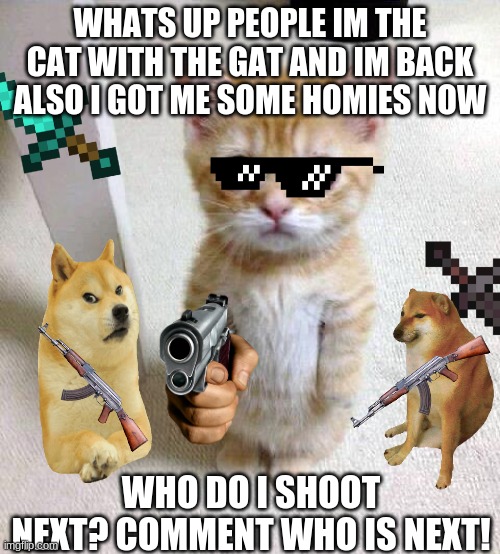 He is back my creation is back lol | image tagged in cat with gun,homies,cat | made w/ Imgflip meme maker