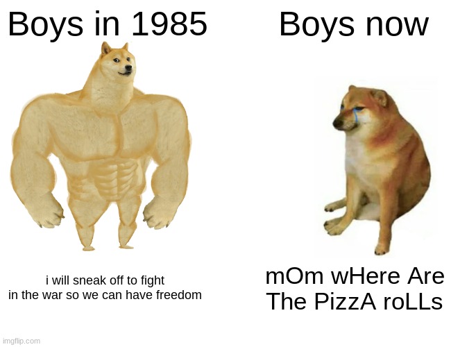 <-- |  Boys in 1985; Boys now; i will sneak off to fight in the war so we can have freedom; mOm wHere Are The PizzA roLLs | image tagged in memes,buff doge vs cheems | made w/ Imgflip meme maker