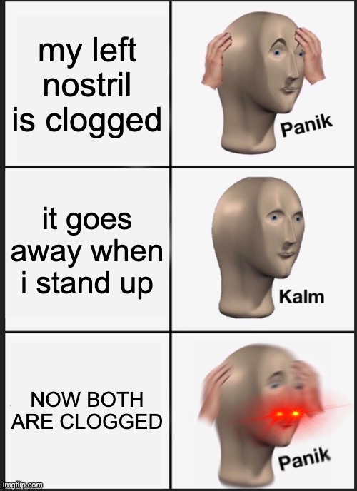 Panik Kalm Panik Meme | my left nostril is clogged; it goes away when i stand up; NOW BOTH ARE CLOGGED | image tagged in memes,panik kalm panik | made w/ Imgflip meme maker