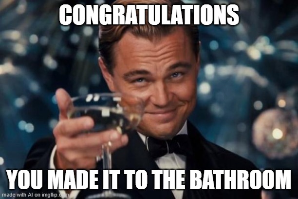 Leonardo Dicaprio Cheers Meme | CONGRATULATIONS; YOU MADE IT TO THE BATHROOM | image tagged in memes,leonardo dicaprio cheers | made w/ Imgflip meme maker