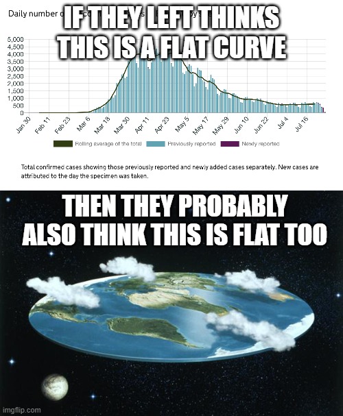 IF THEY LEFT THINKS THIS IS A FLAT CURVE; THEN THEY PROBABLY ALSO THINK THIS IS FLAT TOO | image tagged in covid cases 28 july,flat earth | made w/ Imgflip meme maker