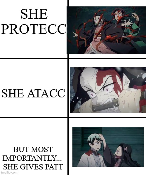 nezuko chan | SHE PROTECC; SHE ATACC; BUT MOST IMPORTANTLY... 
SHE GIVES PATT | image tagged in blank template | made w/ Imgflip meme maker