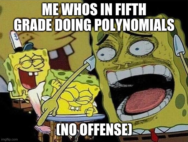 Spongebob laughing Hysterically | ME WHOS IN FIFTH GRADE DOING POLYNOMIALS (NO OFFENSE) | image tagged in spongebob laughing hysterically | made w/ Imgflip meme maker