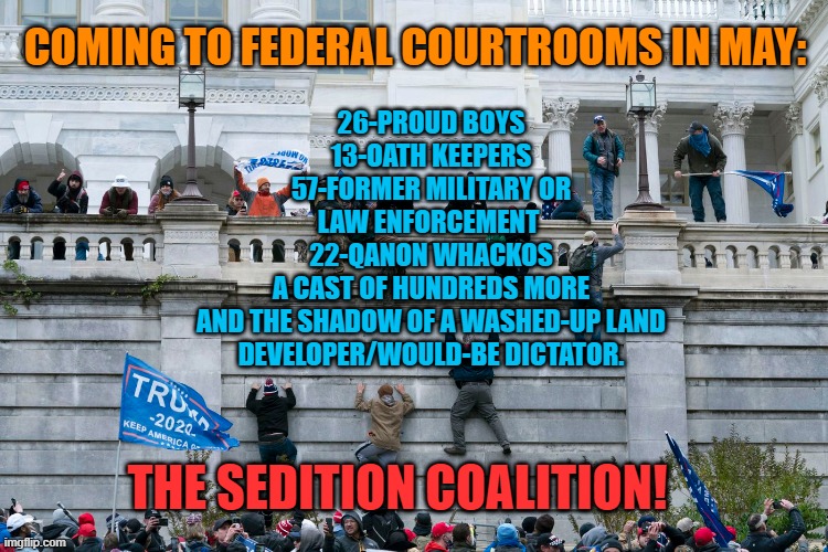 "Trump Made Us Do It!" | 26-PROUD BOYS
13-OATH KEEPERS
57-FORMER MILITARY OR
LAW ENFORCEMENT 
22-QANON WHACKOS
A CAST OF HUNDREDS MORE
AND THE SHADOW OF A WASHED-UP LAND DEVELOPER/WOULD-BE DICTATOR. COMING TO FEDERAL COURTROOMS IN MAY:; THE SEDITION COALITION! | image tagged in politics | made w/ Imgflip meme maker