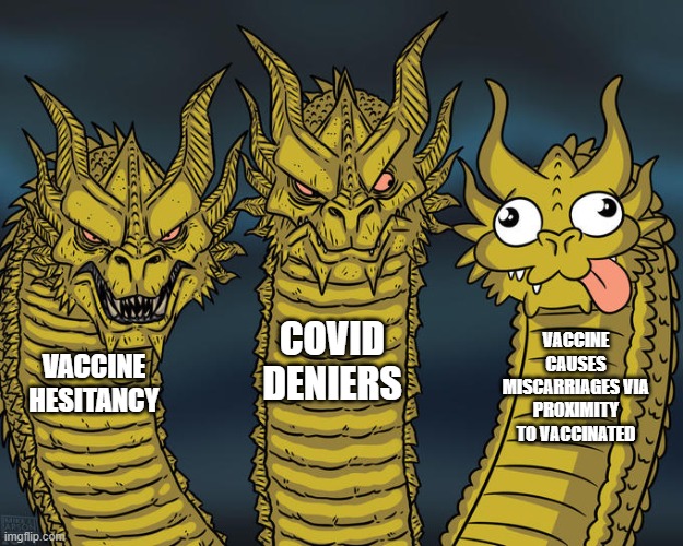 Three-headed Dragon | COVID DENIERS; VACCINE CAUSES MISCARRIAGES VIA PROXIMITY TO VACCINATED; VACCINE HESITANCY | image tagged in three-headed dragon | made w/ Imgflip meme maker
