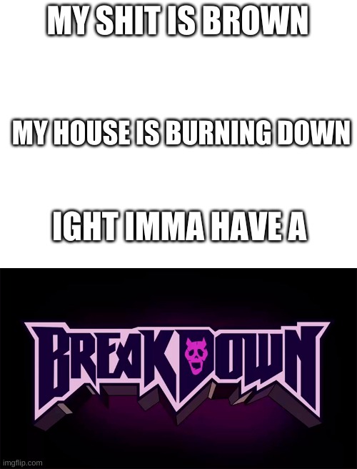 MY SHIT IS BROWN; MY HOUSE IS BURNING DOWN; IGHT IMMA HAVE A | image tagged in blank white template | made w/ Imgflip meme maker