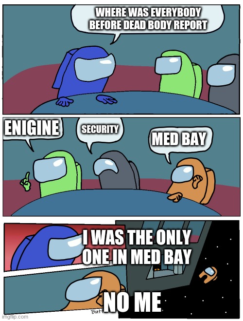Among Us Meeting | WHERE WAS EVERYBODY BEFORE DEAD BODY REPORT; ENIGINE; SECURITY; MED BAY; I WAS THE ONLY ONE IN MED BAY; NO ME | image tagged in among us meeting | made w/ Imgflip meme maker