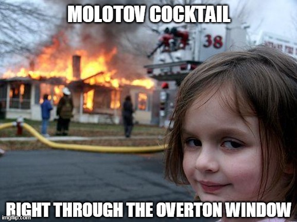 Disaster Girl | MOLOTOV COCKTAIL; RIGHT THROUGH THE OVERTON WINDOW | image tagged in memes,disaster girl | made w/ Imgflip meme maker