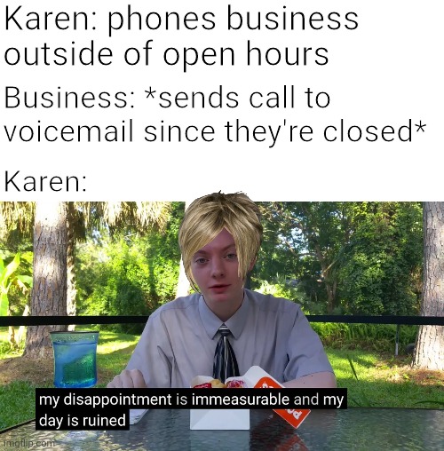  Karen: phones business outside of open hours; Business: *sends call to voicemail since they're closed*; Karen: | image tagged in white space,my disappointment is immeasurable | made w/ Imgflip meme maker