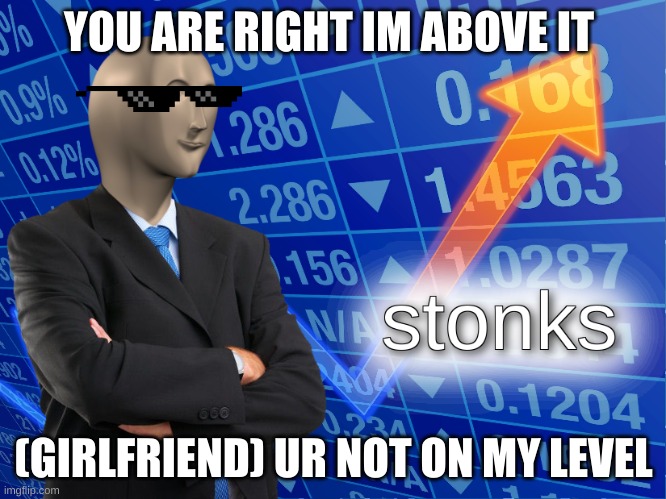 stonks |  YOU ARE RIGHT IM ABOVE IT; (GIRLFRIEND) UR NOT ON MY LEVEL | image tagged in stonks | made w/ Imgflip meme maker
