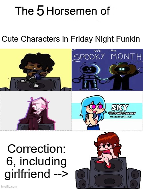 5; Cute Characters in Friday Night Funkin; Correction: 6, including girlfriend --> | image tagged in four horsemen,memes,friday night funkin | made w/ Imgflip meme maker
