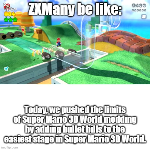 ZXMany is exaggerating a bit too much. | ZXMany be like:; Today, we pushed the limits of Super Mario 3D World modding by adding bullet bills to the easiest stage in Super Mario 3D World. | image tagged in mario,super mario bros | made w/ Imgflip meme maker