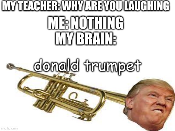 MY TEACHER: WHY ARE YOU LAUGHING ME: NOTHING
MY BRAIN: donald trumpet | made w/ Imgflip meme maker