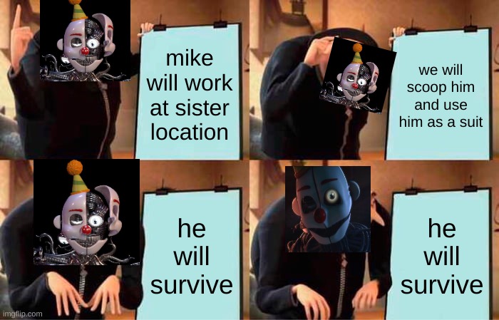 ennard's plan | mike will work at sister location; we will scoop him and use him as a suit; he will survive; he will survive | image tagged in memes,gru's plan,fnaf sister location,fnaf | made w/ Imgflip meme maker