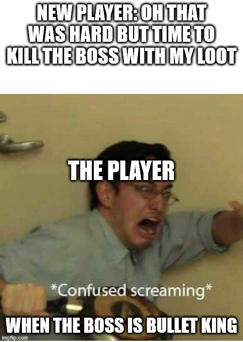 if its the first boss | NEW PLAYER: OH THAT WAS HARD BUT TIME TO KILL THE BOSS WITH MY LOOT; THE PLAYER; WHEN THE BOSS IS BULLET KING | image tagged in confused screaming | made w/ Imgflip meme maker