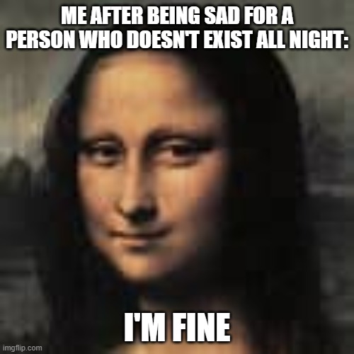 I'm OK | ME AFTER BEING SAD FOR A PERSON WHO DOESN'T EXIST ALL NIGHT:; I'M FINE | image tagged in funny memes | made w/ Imgflip meme maker