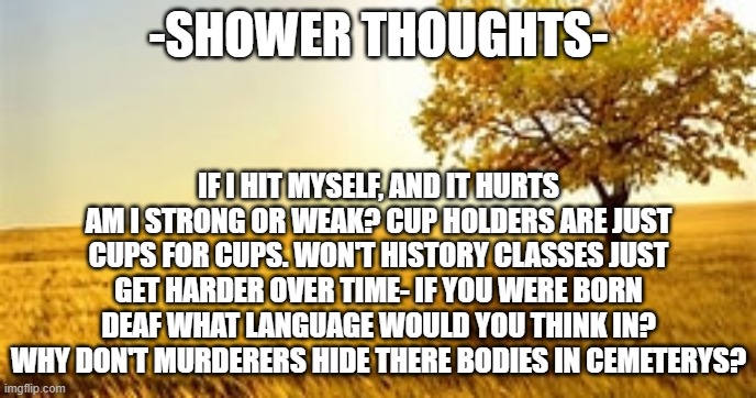 -SHOWER THOUGHTS-; IF I HIT MYSELF, AND IT HURTS AM I STRONG OR WEAK? CUP HOLDERS ARE JUST CUPS FOR CUPS. WON'T HISTORY CLASSES JUST GET HARDER OVER TIME- IF YOU WERE BORN DEAF WHAT LANGUAGE WOULD YOU THINK IN? WHY DON'T MURDERERS HIDE THERE BODIES IN CEMETERYS? | made w/ Imgflip meme maker