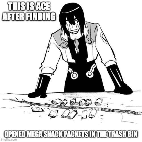 Sad Ace | THIS IS ACE AFTER FINDING; OPENED MEGA SNACK PACKETS IN THE TRASH BIN | image tagged in megaman,megaman star force,memes | made w/ Imgflip meme maker