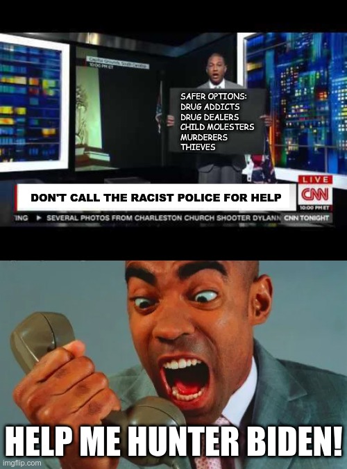 A better alternative, for sure | SAFER OPTIONS:
DRUG ADDICTS
DRUG DEALERS
CHILD MOLESTERS
MURDERERS
THIEVES; DON'T CALL THE RACIST POLICE FOR HELP; HELP ME HUNTER BIDEN! | image tagged in don lemon blank sign offend,hunter biden,police | made w/ Imgflip meme maker