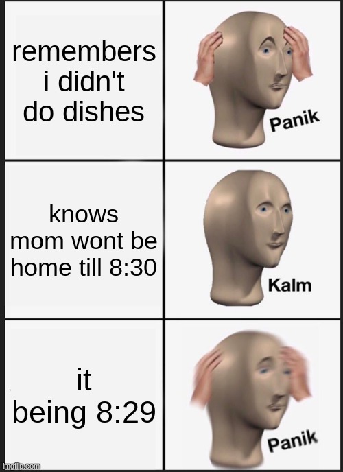 idk | remembers i didn't do dishes; knows mom wont be home till 8:30; it being 8:29 | image tagged in memes,panik kalm panik | made w/ Imgflip meme maker