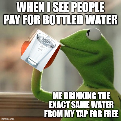 tap team | WHEN I SEE PEOPLE PAY FOR BOTTLED WATER; ME DRINKING THE EXACT SAME WATER FROM MY TAP FOR FREE | image tagged in memes,but that's none of my business,kermit the frog,water,bottle,water bottle | made w/ Imgflip meme maker