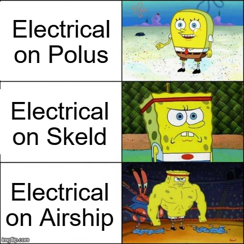 Spongebob strong | Electrical on Polus; Electrical on Skeld; Electrical on Airship | image tagged in spongebob strong | made w/ Imgflip meme maker