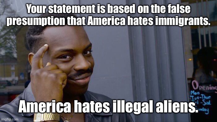 Roll Safe Think About It Meme | Your statement is based on the false presumption that America hates immigrants. America hates illegal aliens. | image tagged in memes,roll safe think about it | made w/ Imgflip meme maker