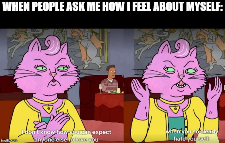 Self-hate | WHEN PEOPLE ASK ME HOW I FEEL ABOUT MYSELF: | image tagged in hate,love | made w/ Imgflip meme maker
