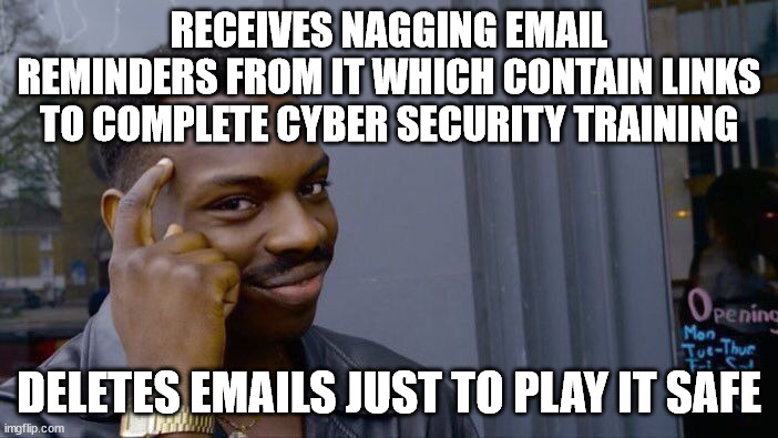 Roll Safe Think About It Meme | RECEIVES NAGGING EMAIL REMINDERS FROM IT WHICH CONTAIN LINKS TO COMPLETE CYBER SECURITY TRAINING; DELETES EMAILS JUST TO PLAY IT SAFE | image tagged in memes,roll safe think about it | made w/ Imgflip meme maker