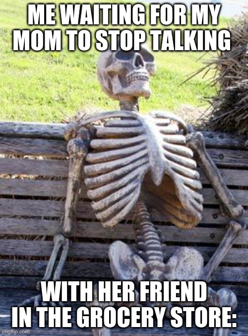 Waiting Skeleton | ME WAITING FOR MY MOM TO STOP TALKING; WITH HER FRIEND IN THE GROCERY STORE: | image tagged in memes,waiting skeleton | made w/ Imgflip meme maker