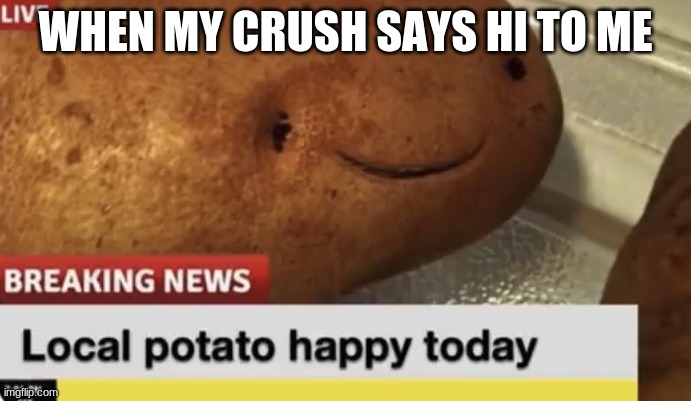 Uh Oh... Potato Has a Crush | WHEN MY CRUSH SAYS HI TO ME | image tagged in local potato happy today | made w/ Imgflip meme maker